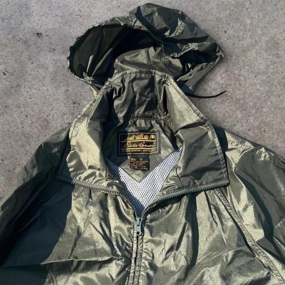 Eddie Bauer Metallic Olive Hooded Windbreaker Medium - Picture 2 of 7